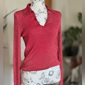 Maeve Anthropologie Red Metallic Knit V-Neck Sweater | Shimmer Long Sleeve